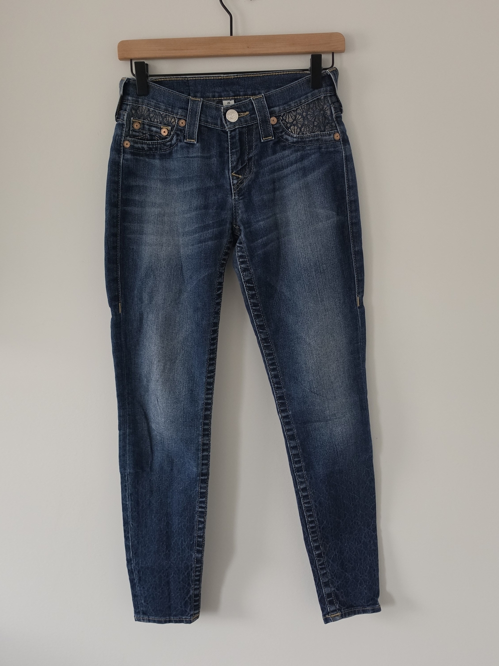True Religion Legging Foil Hem Skinny Jeans Medium Wash Gold Foil Size 26
